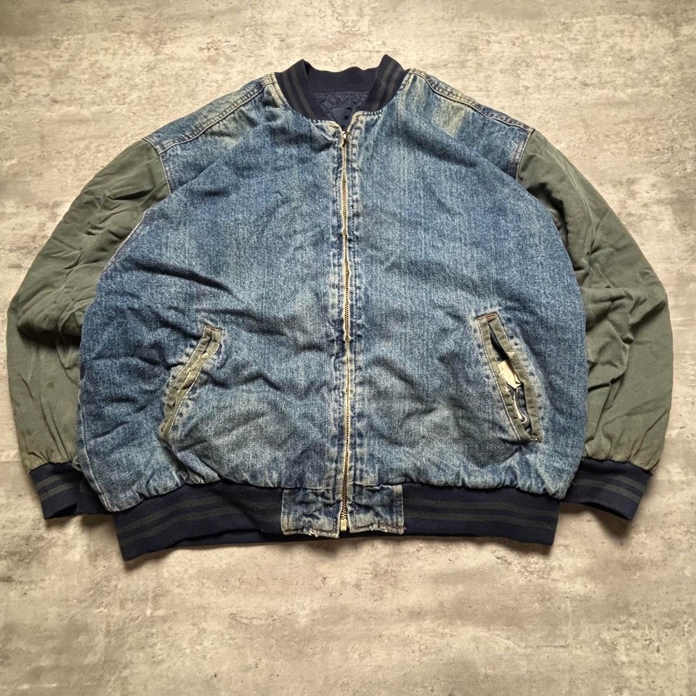 Faded Glory Bomber Jacket Mens Large Blue Green Distressed Denim Vintage 90s